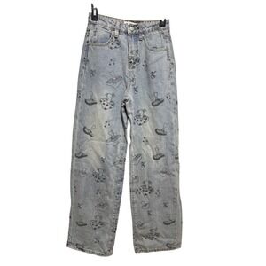 PTCL Mushroom Print Jeans Women 24 High Rise Straight‎ Leg Denim Whimsy Garden
